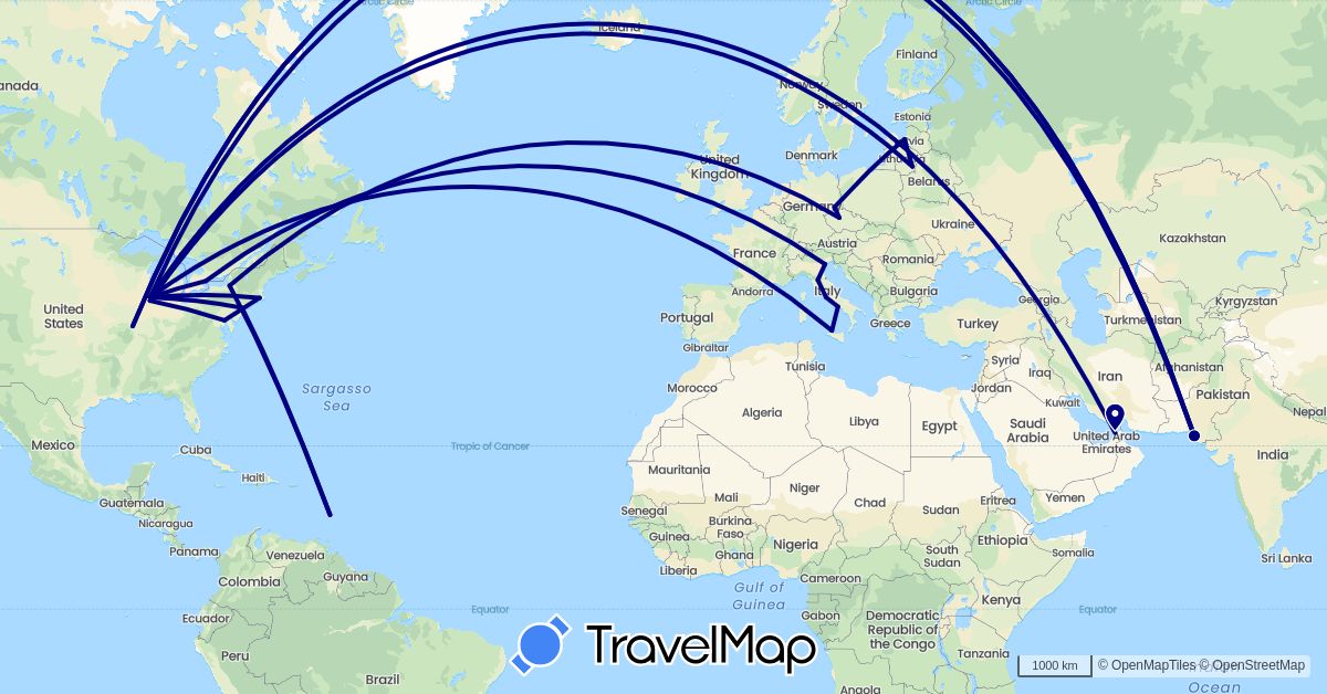 TravelMap itinerary: driving in United Arab Emirates, Canada, Czech Republic, Germany, Italy, Saint Lucia, Lithuania, Latvia, Pakistan, United States (Asia, Europe, North America)