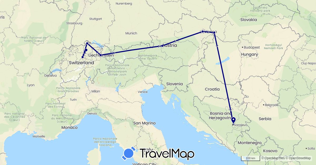 TravelMap itinerary: driving in Austria, Bosnia and Herzegovina, Switzerland, Liechtenstein, Slovakia (Europe)